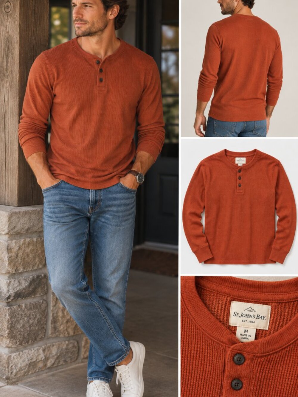 St. John’s Bay Men’s Thermal Henley Shirt Burnt Orange Size Medium Long Sleeve